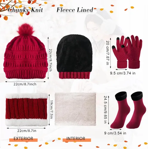 Vista 2 de 4 Conjuntos de invierno para mujer, cálido, gorro, bufanda, gorro, gorro, calavera, pantalla táctil, guantes de punto, cable