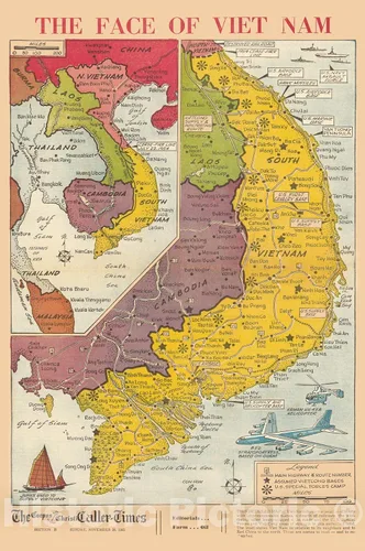 Vista 2 de Mapa histórico - Mapa de periódicos, cara de Vietnam. 1965 - Arte de pared vintage - 16 x 24 pulgadas