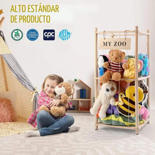 Vista 3 de GLDZI Almacenamiento de Animales de Peluche Zoo, Organizador de Animales de Peluche de Madera con Cuerdas Elásticas para Niños y Niñas, Soporte