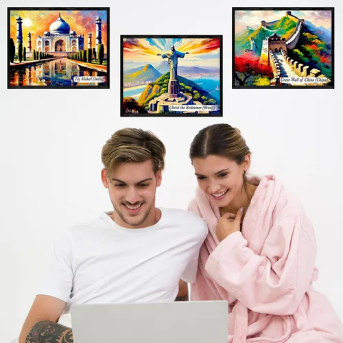 Vista 4 de Decoración de pared de las Siete Maravillas del Mundo, juego de 7 famosos carteles de ciudad de viaje, impresiones de 8 x 10 pulgadas, sin marco