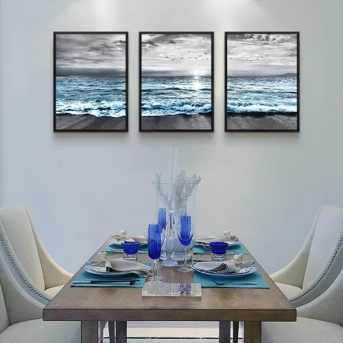 Vista 4 de Arte en lienzo enmarcado en negro para decoración de sala de estar y dormitorio - Pintura de pared de playa en blanco y negro - Imágenes de olas