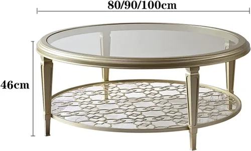Vista 3 de Mesa auxiliar redonda de 2 niveles, mesa de centro redonda de 80/90/39.4 in, mesa de centro de vidrio templado, talla de metal, moderna mesa