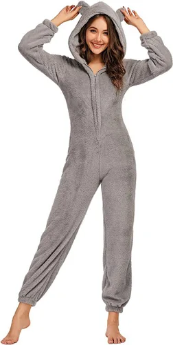 Vista 8 de chouyatou Pijama de Romper de Sherpa de Felpa Ultra Cómodo para Mujer con Capucha Linda de Orejas de Felpa Negro