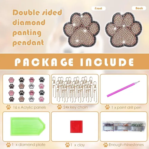 Vista 2 de YLOLUL 16 llaveros con forma de pata de perro con forma de pata de perro, kits de llaveros de arte de diamantes de doble cara para principiantes