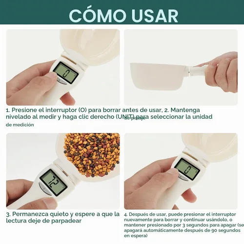 Vista 6 de Cuchara medidora digital simple 4 en 1 unidad, 28.22 oz/0.04 oz de alta precisión, pantalla LED, mango extraíble, ideal para alimentos de mascotas