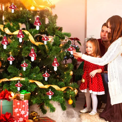 Vista 7 de Sosation 24 adornos navideños de hongos rojos y blancos, adornos colgantes decorativos para árbol de Navidad, vacaciones, decoración de fiesta
