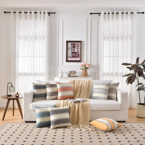 Vista 2 de AmHoo - Juego de 2 fundas de cojín de lino para sofá, estilo casa de campo, con diseño de rayas, decoración estilo Buffalo retro, con cremallera