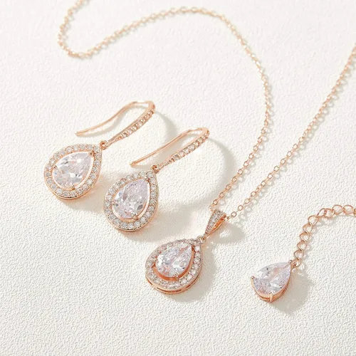 Vista 6 de SWEETV Juego de joyas de boda en forma de lágrima de cristal para novias, birdesmaids, diamantes de imitación de circonita cúbica para novia, collar
