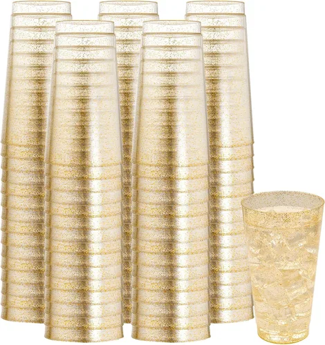 Vista 20 de I00000 Paquete de 100 unidades de vasos de plástico dorado de 12 onzas, vasos desechables con borde dorado, vasos de vino desechables y copas