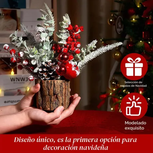 Vista 2 de Pequeño árbol de Navidad de mesa artificial, mini decoraciones de árbol de Navidad con adornos navideños, bayas rojas, piñas, vegetación para hogar
