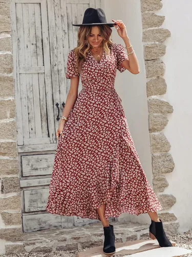 Vista 3 de PRETTYGARDEN - Vestido largo de verano cruzado para mujer, con cuello en V, estilo bohemio, floral, manga corta, dobladillo con volantes