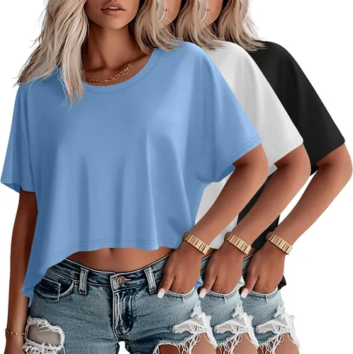 Vista 29 de Huukeay Paquete de 3 camisetas recortadas de gran tamaño para mujer, manga corta, holgadas, cuello redondo, holgadas, para entrenamiento