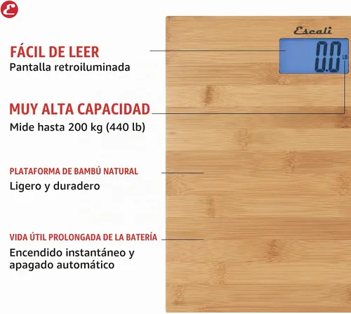 Vista 2 de Escali Báscula electrónica digital de bambú para peso corporal, báscula de baño con capacidad extra alta de 440 libras, baterías incluidas