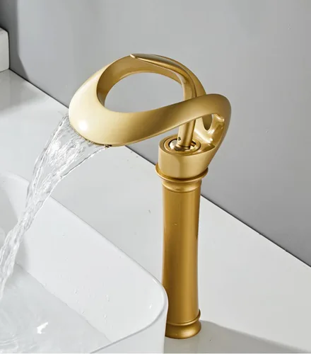 Vista 6 de Grifo de Lavabo para Baño de Diseño Alto y Hueco en Estilo Granja, con Boquilla en Cascada de Oro Antiguo, de una Sola Manija, de un Solo Agujero