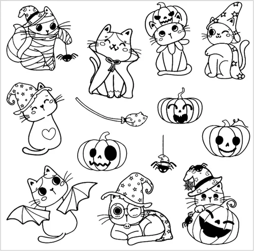 Vista 2 de Sellos transparentes de gato de Halloween para hacer tarjetas o diario de Halloween, calabaza, bruja, araña, lindo gatito, sellos de silicona