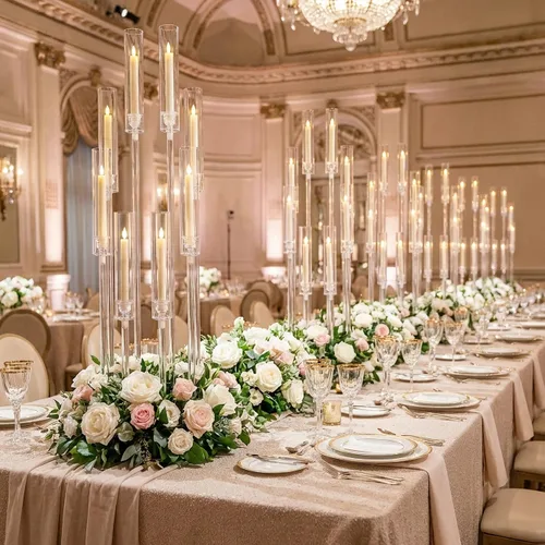 Vista 13 de Portavelas transparentes de 8 brazos para decoración de boda, candelabro alto de acrílico con pantalla para eventos del día de San Valentín, fiesta