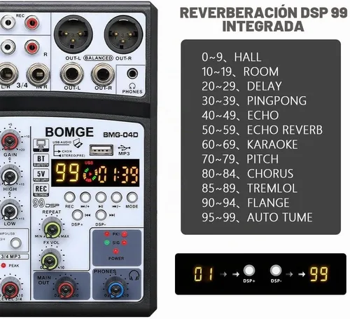 Vista 6 de BOMGE 04D portátil bluetooth 4 canales DJ mezclador de sonido de audio consola de mezcla con interfaz USB, entrada de alimentación fantasma de 48 V