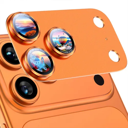 Vista 22 de Uyiton Protector de lente de cámara para iPhone 17 Pro - [Tipografía única + lente de teléfono diseño de círculo rojo] Cubierta de cámara de vidrio