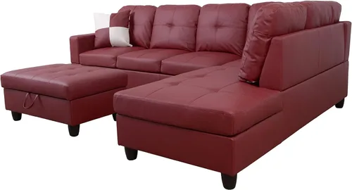 Vista 7 de Moderno sofá seccional de cuero en forma de L (rojo, orientado a la derecha)