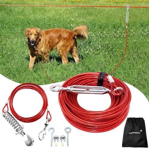 Vista 10 de Correa Corrediza para Perros de 50 Pies para Patio con Cable de Sujeción de 10 Pies - Sistema de Polea Resistente para Perros Grandes de Hasta 250