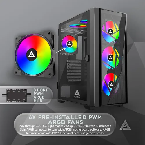 Vista 2 de Apevia Aurora-BK ATX Mid Tower - Carcasa para PC con 6 ventiladores PWM ARGB de 4.724 in 366 RGB Light Modes, 1x Glass/Mesh Front Panel, 1x Swivel