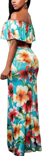 Vista 3 de LalaLin Vestido largo sexy con hombros descubiertos para mujer, estampado floral, manga con volantes, entallado, para salir a la noche, Hawaii