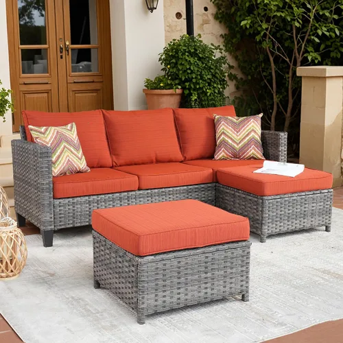 Vista 13 de ovios Sofá de patio de 3 piezas, juego de muebles de patio al aire libre, sofá de mimbre con otomanas gruesas cojines, juego de conversación de Beige