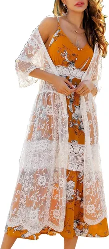 Vista 22 de Cárdigan de Encaje para Mujer de Crochet Floral Transparente Cobertor de Playa Kimono Largo Abierto