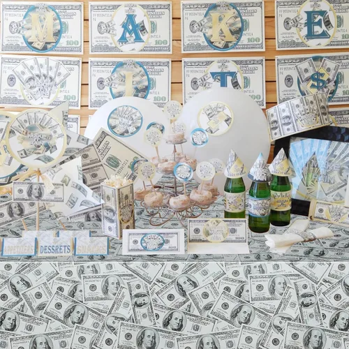 Vista 8 de PHOGARY Mantel de 3 piezas para decoración de fiesta temática de dinero, manteles de billetes de dólar, manteles de mesa de dinero para cumpleaños