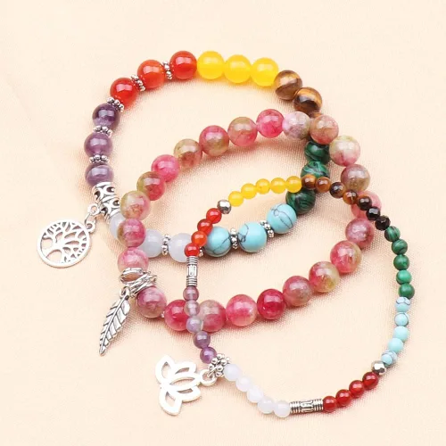 Vista 3 de UEUC - Pulseras Reiki, apilables, de piedras curativas, cristales, con dije del árbol de la vida, yoga y hoja de loto, contra la ansiedad