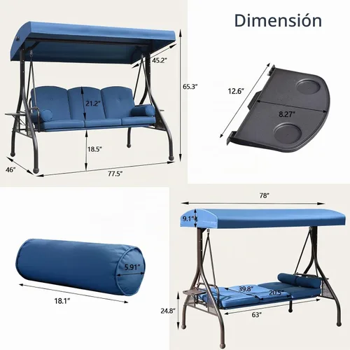 Vista 7 de Columpio NOBLEMOOD para porche de 3 asientos con toldo ajustable y bandejas laterales Azul