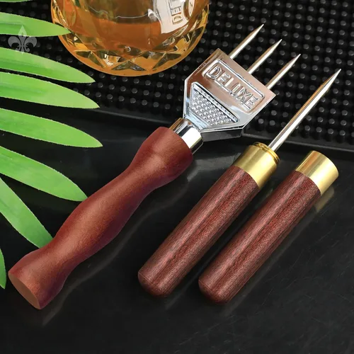 Vista 3 de Juego de 2 palillos de hielo de tres puntas, palillo de hielo de acero inoxidable con mango de madera antideslizante, herramienta de camarero
