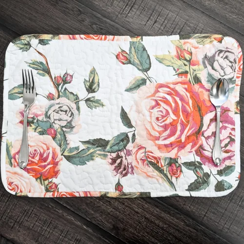 Vista 6 de DaDa Bedding - Juego de 4 manteles individuales para mesa de comedor, diseño de rosas románticas, de algodón, acolchado, para jardín, casa de campo