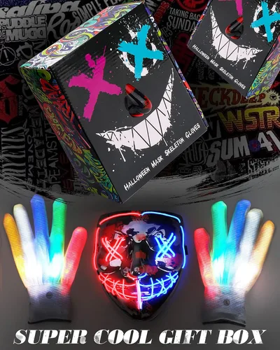 Vista 3 de Sago Brothers LED Mask Light up Mask Skeleton Gloves Costumes, Light Up Halloween Mask and LED Gloves