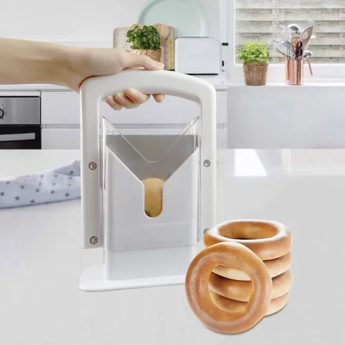 Vista 4 de Cortador de bagel, perfecto para bagels, agarre seguro, cortador de guillotina, escudo de seguridad, acero inoxidable (blanco)