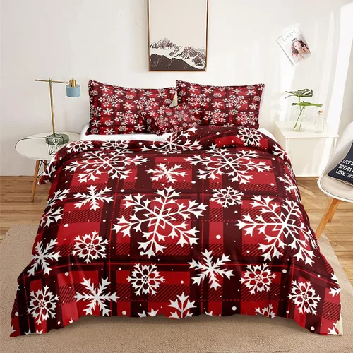 Vista 22 de Juego de ropa de cama de Navidad con funda de edredón de copos de nieve, color blanco y rojo, con estampado navideño, juego de ropa de cama festiva