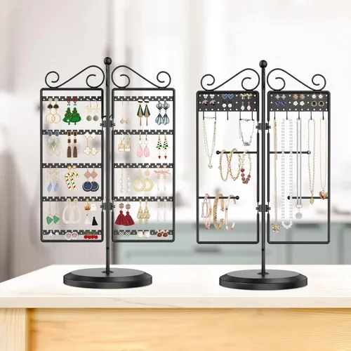 Vista 5 de Organizador de aretes giratorio de 5 niveles, 160 agujeros, soporte de árbol de almacenamiento de aretes de metal con 10 ganchos para collares