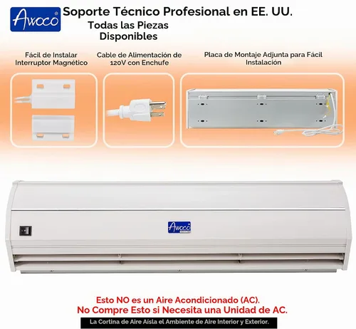 Vista 2 de Cortina de aire Awoco; 900 CFM; para uso comercial en interiores sobre puertas; con interruptor; resistente; 36 pulgadas, Blanco, 36" 120VAC, UL