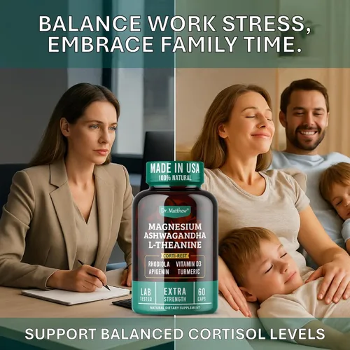 Vista 4 de Suplemento reductor de cortisol y apoyo suprarrenal – Alivio natural del estrés con Ashwagandha KSM-66, glicinato de magnesio y citrato, L-Teanina
