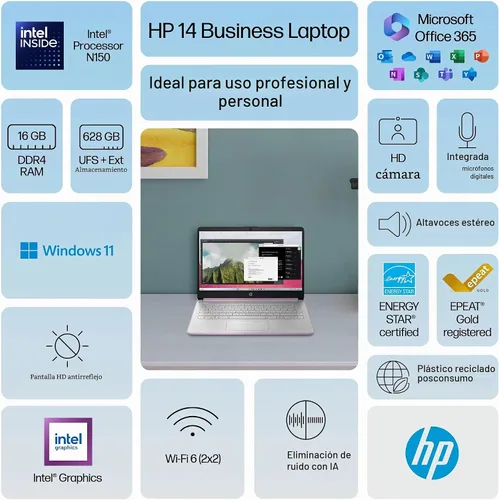 Vista 3 de HP 14 Laptop Student Business 2025 Flagship Computer, Copilot de IA, CPU Intel de 4 núcleos de 13ª generación, 16GB de RAM, 628GB de almacenamiento