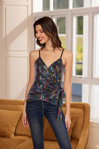 Vista 2 de GRACE KARIN Camiseta de lentejuelas para mujer, camiseta sin mangas brillante con cuello en V, sexy, con lazo en la cintura, para fiesta, club
