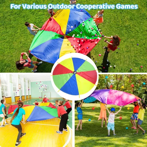 Vista 3 de BOSREROY Paracaídas colorido de 12 pies para niños con 12 asas, poliéster 210T, perfecto para actividades grupales en interiores y exteriores