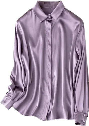 Vista 19 de Women's Satin Silk Buttons Down Long Sleeve Solid Dress Shirts Top Soft Blouse Collar Office Work