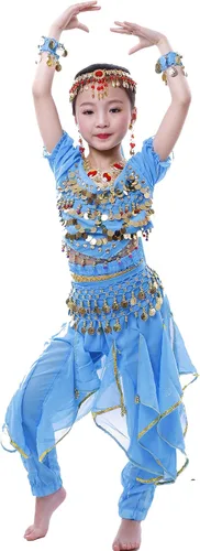 Vista 11 de Astage Girls Belly Dance Costume Short Sleeve Top Skirt Hip Scarf Cosplay All Set Green-b