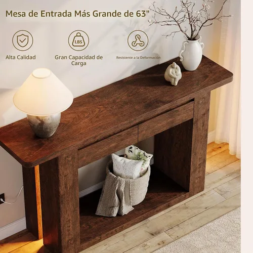 Vista 5 de iPormis Mesa de entrada de 63 pulgadas de largo con 2 cajones de almacenamiento y luces LED, mesa consola estrecha detrás del sofá, mesa de pasillo