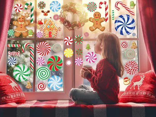 Vista 7 de Adhesivos de ventana de Navidad para vidrio, doble cara, 3D, bastón de caramelo, pan de jengibre, 88 calcomanías de menta para decoración de fiesta