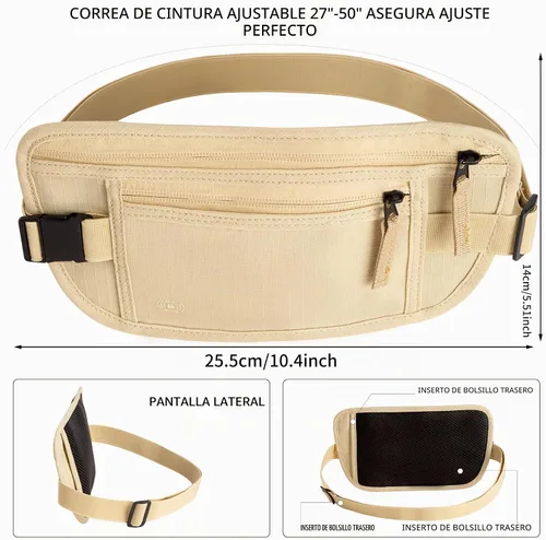 Vista 3 de Cinturón de dinero para viajes, bloqueo RFID, cinturón de dinero oculto, soporte para pasaporte para viajes, Beige, A la moda