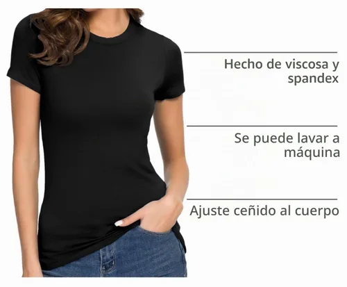 Vista 4 de Camiseta de mujer con cuello redondo, manga corta, ajustada, elástica, básica, de Urban CoCo Negro