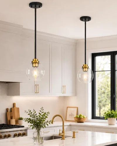 Vista 7 de Luces Colgantes para Isla de Cocina, 7" Luminarias Colgantes Negras y Doradas con Pantalla de Globo de Vidrio Transparente, Iluminación Moderna