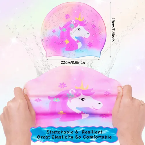Vista 2 de Syhood Gorras de natación para niños, 3 unidades, impermeables, gorro de natación de dibujos animados para cabello largo y corto, para niños y niñas